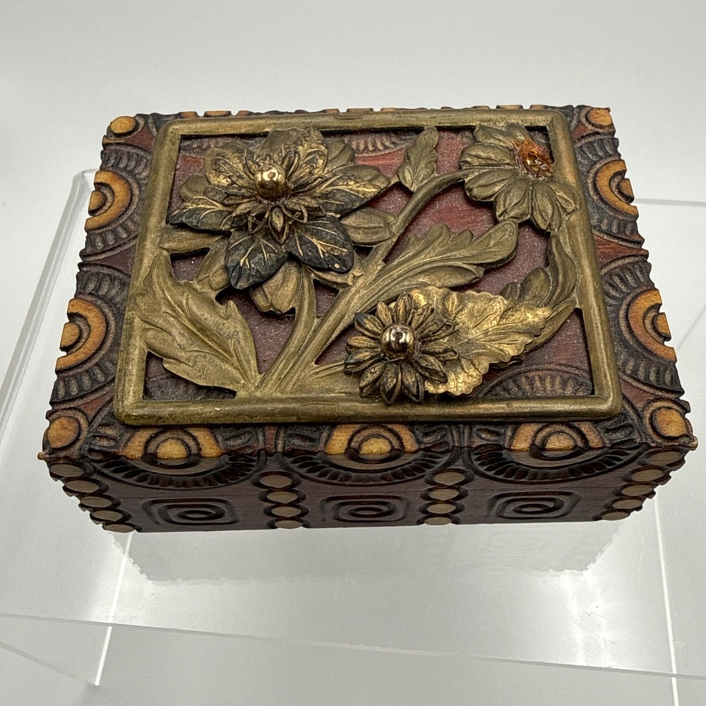 Vintage Jo Marz Wooden Trinket Box 3" Metal Flowers Rare